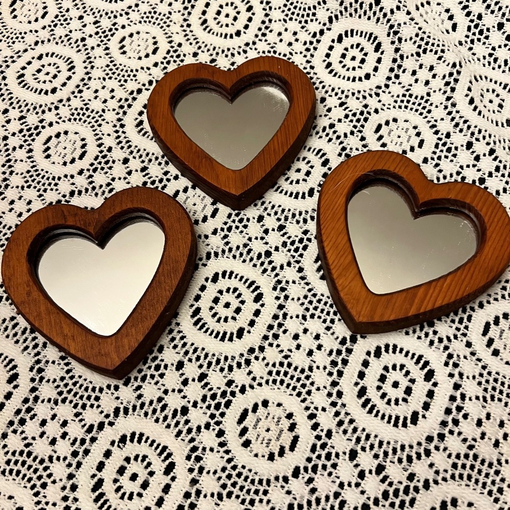 Vintage 1980s Heart-Shaped Wood Framed Wall Mirrors | Set of 3